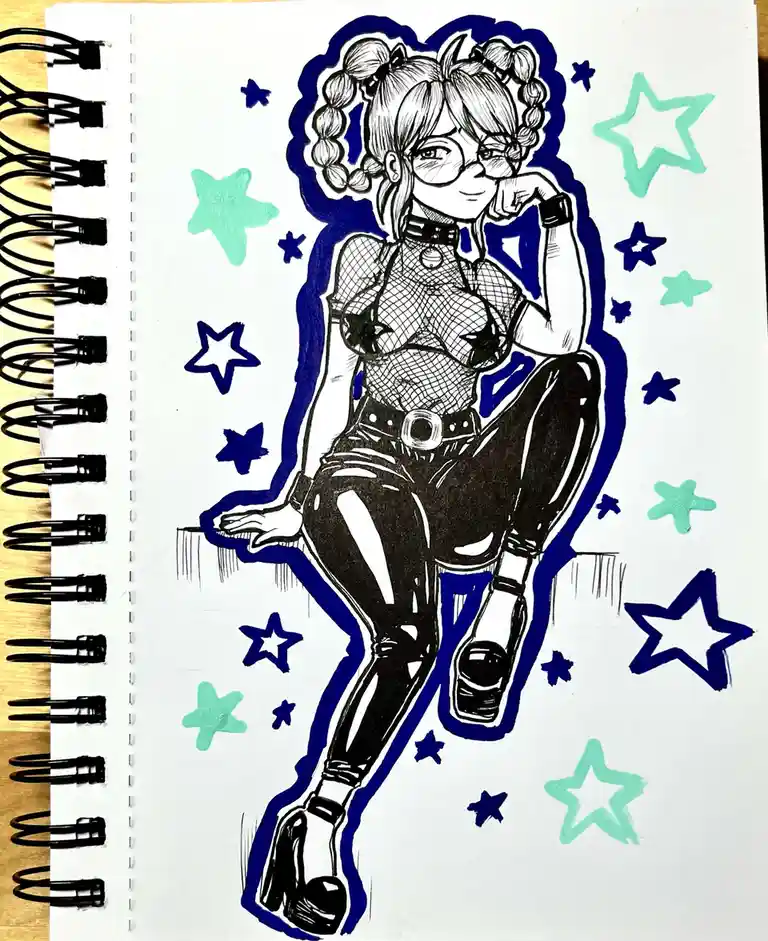 A hand-drawn anime-style illustration on a spiral-bound notebook page shows a girl with pigtails and glasses, wearing a…