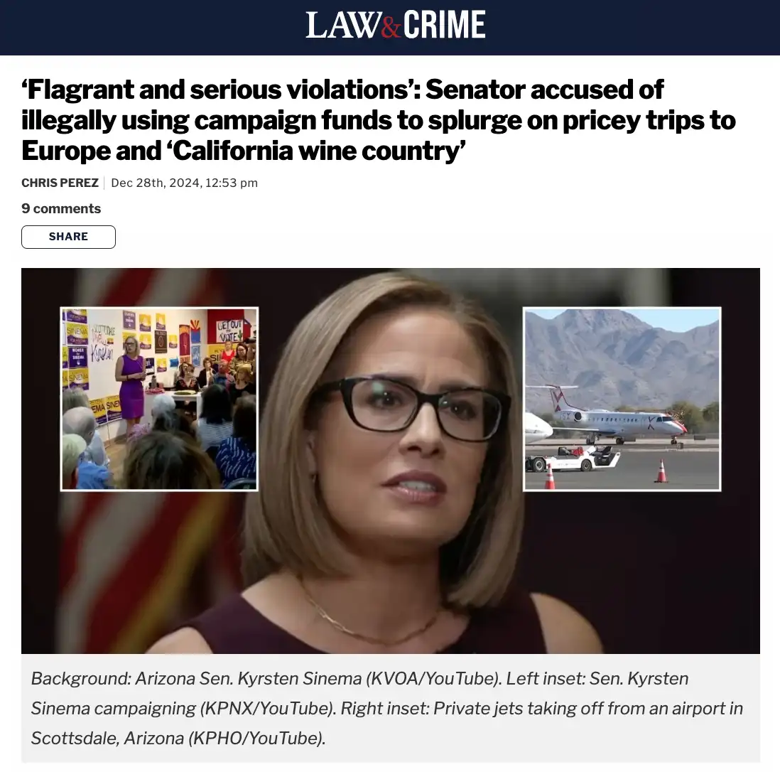 A news article screenshot from Law & Crime shows a central image of Arizona Senator Kyrsten Sinema with two inset photos…