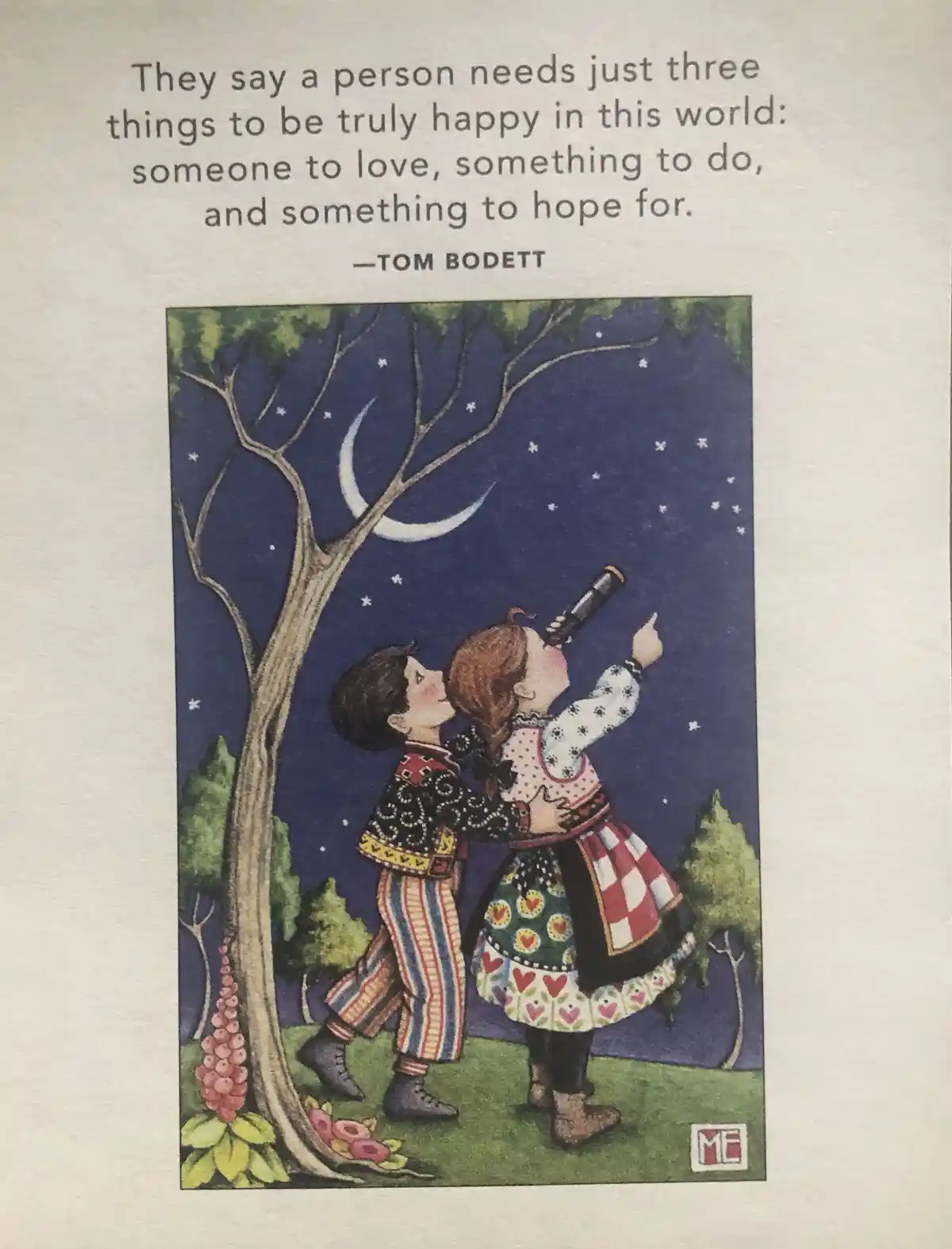 An illustrated image shows two children under a starry night sky with a crescent moon, one holding a telescope while the…