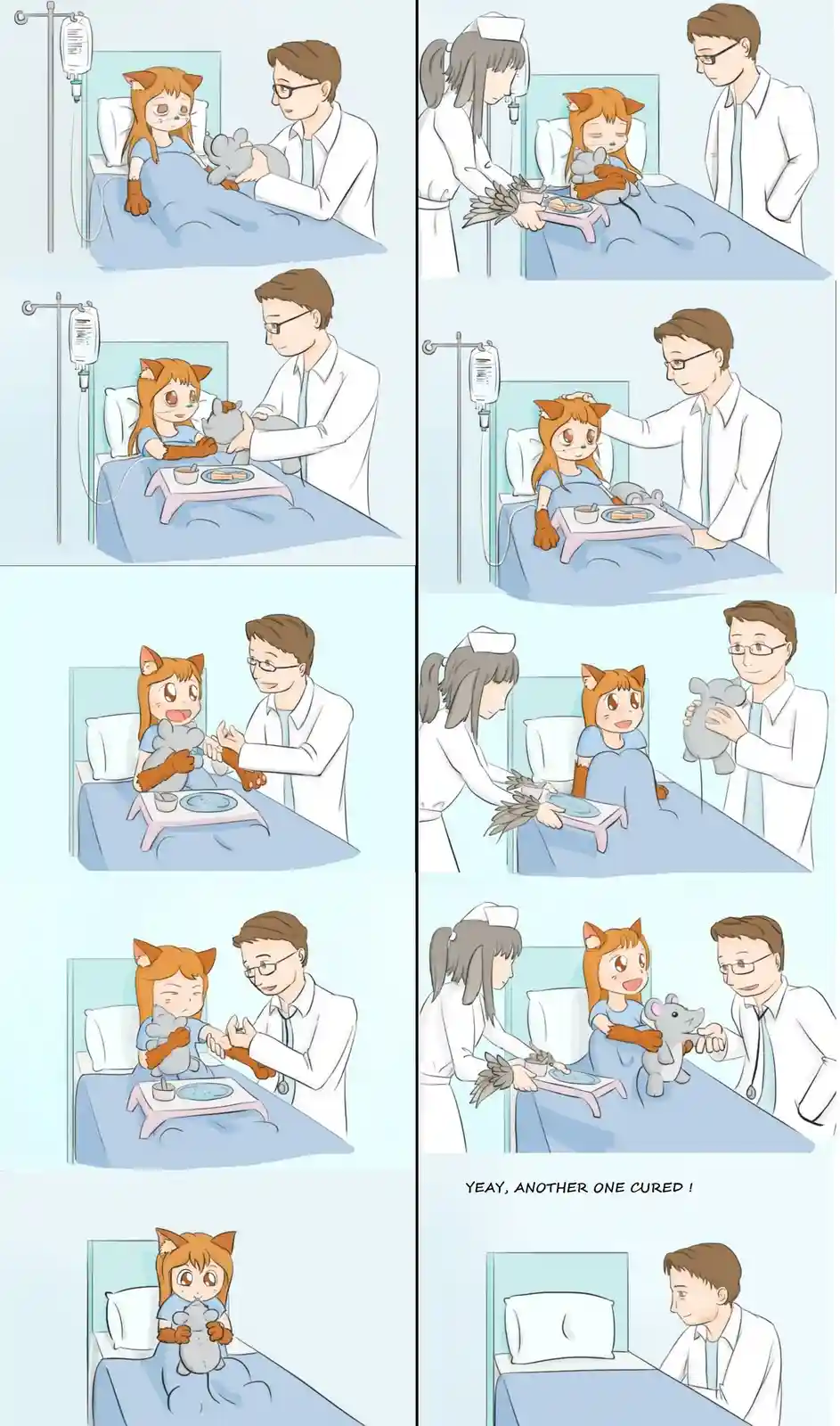 A six-panel comic strip shows a fox-eared girl in a hospital bed recovering from illness. A doctor and nurse visit her…