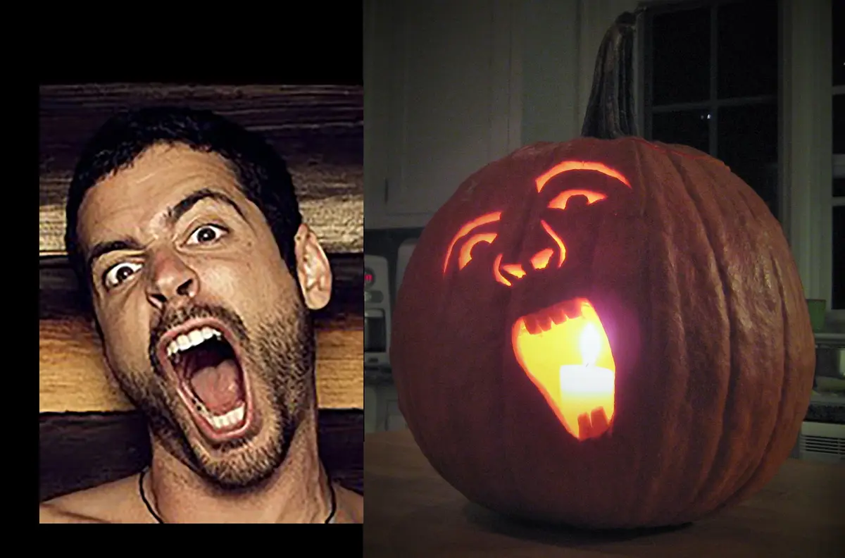 The image is split: on the left, a man with dark hair and a beard is screaming with wide eyes and an open mouth; on the…