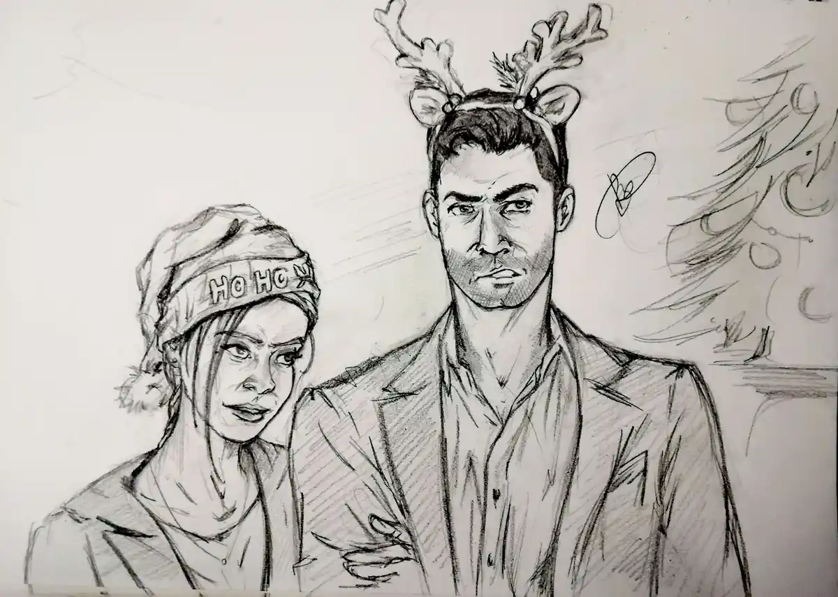 A pencil sketch shows a man with deer antlers and a woman wearing a 'ho ho' hat, both looking sternly at the viewer. A…