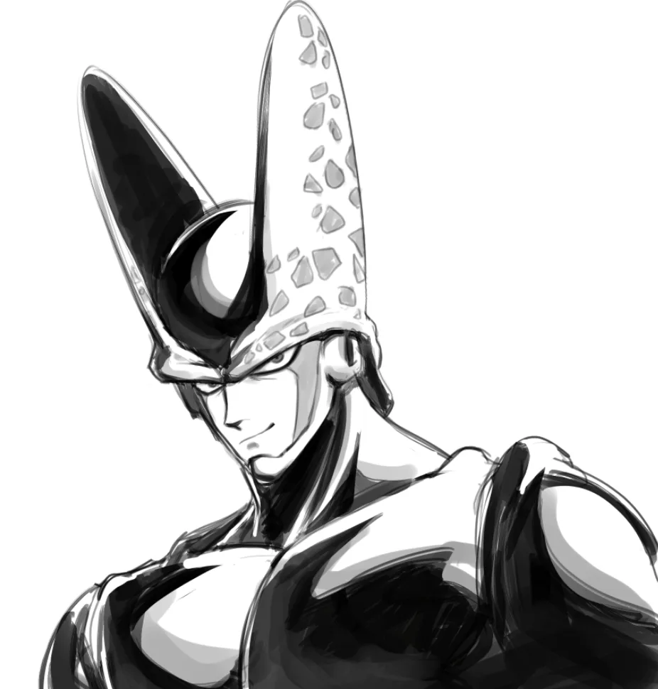 A black-and-white anime-style illustration shows a muscular male character with a distinctive, tall, pointed helmet…