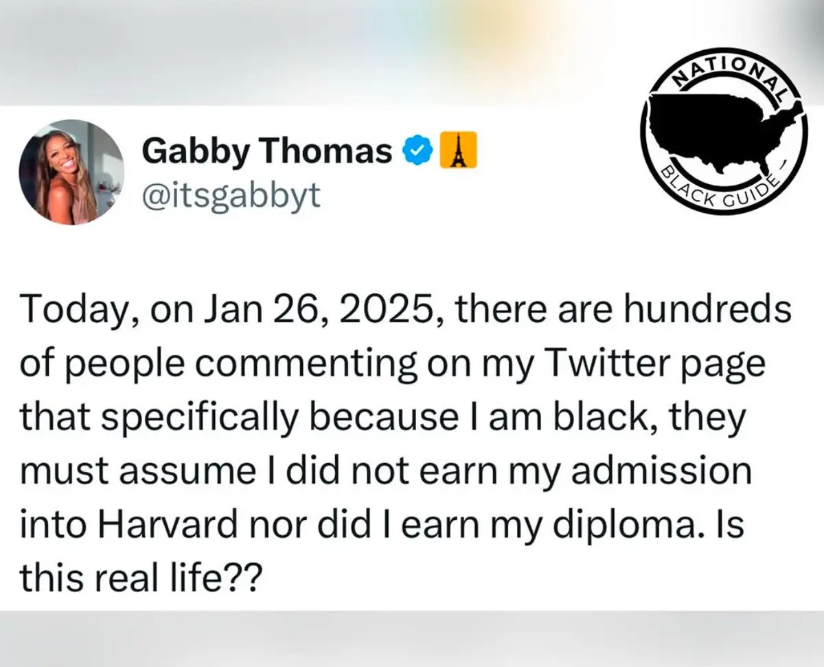 A screenshot of a tweet by Gabby Thomas (@itsgabbyt) with a blue verification checkmark and a Paris Eiffel Tower flag emoji…