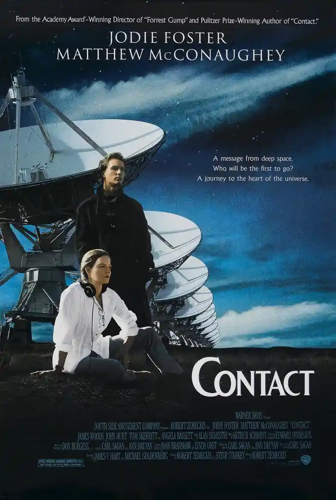 This is a movie poster for the film 'Contact,' featuring actors Jodie Foster and Matthew McConaughey standing before large…