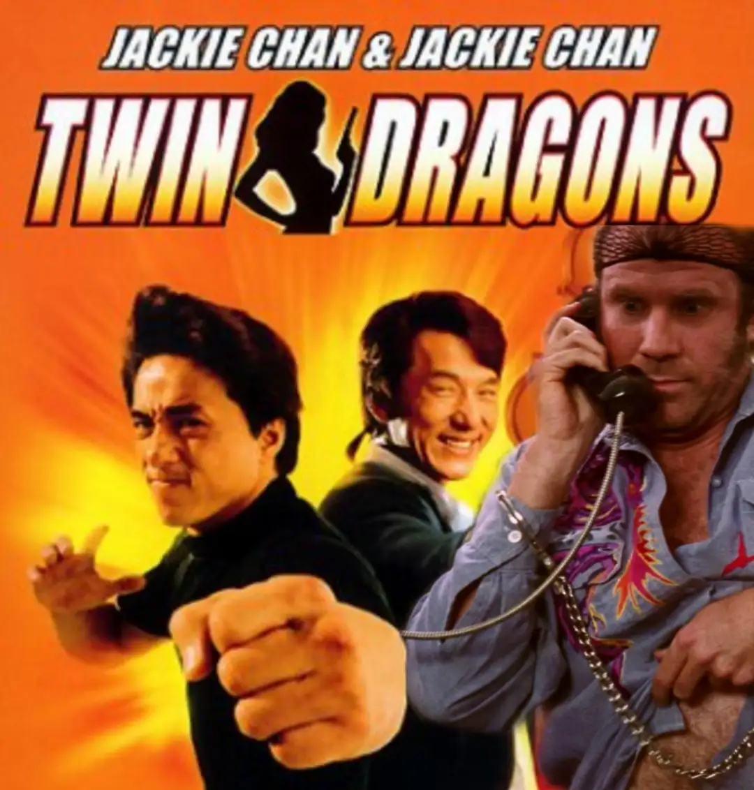 The image is a movie poster parody featuring Jackie Chan twice, with the title 'Twin Dragons' and a silhouette of a dragon…