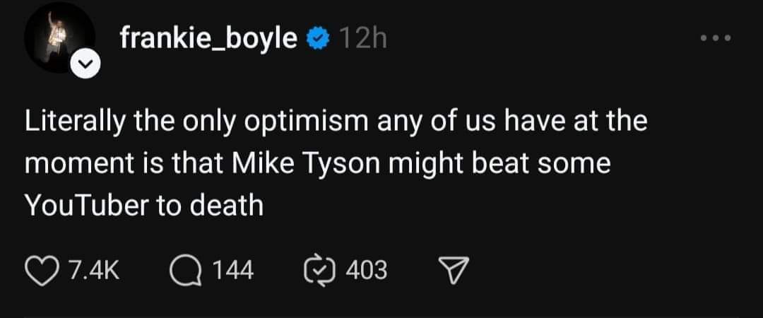 A screenshot of a social media post by verified user frankie_boyle, showing a dark background with white text. The text…