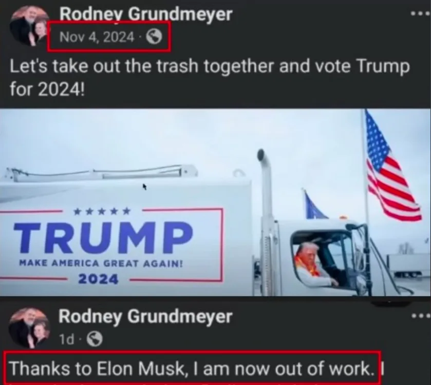 A screenshot of a Facebook post by Rodney Grundmeyer shows a photo of Donald Trump in a truck with 'TRUMP MAKE AMERICA GREAT…