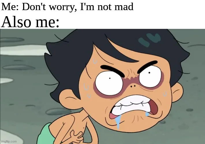 An animated character with wide, angry eyes, clenched teeth, and tears streaming down his face, visibly contradicting the…