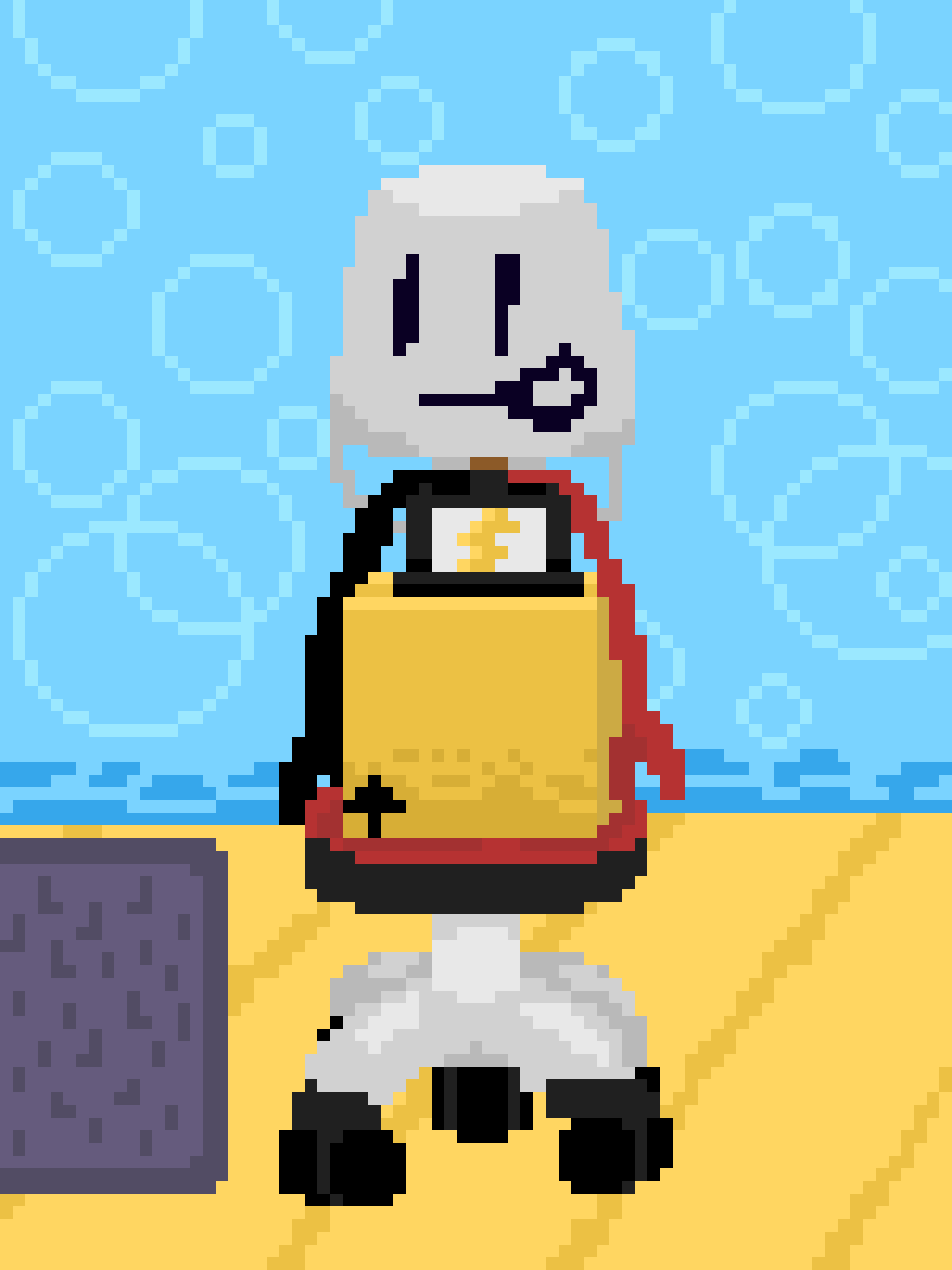 A pixelated character resembling a skeleton in a yellow outfit with a red cape and black boots stands on a yellow sandy…