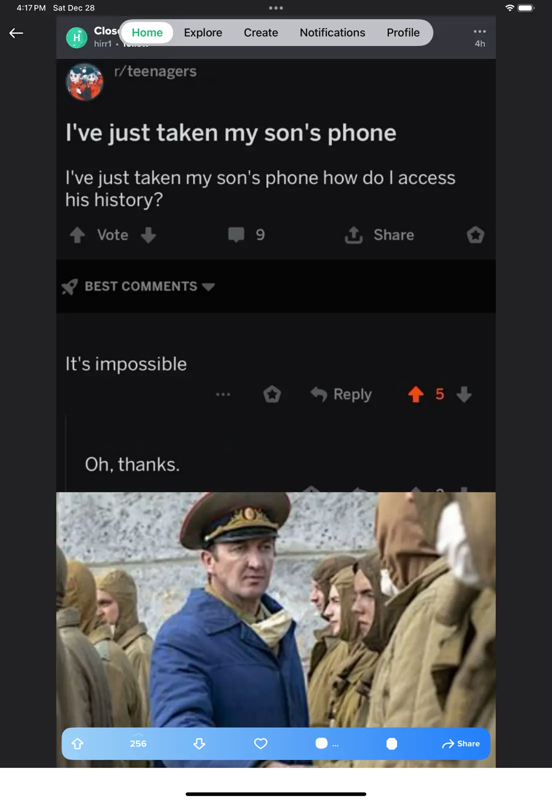 A screenshot of a Reddit post from r/teenagers where a user asks how to access their son's phone history. The top comment…