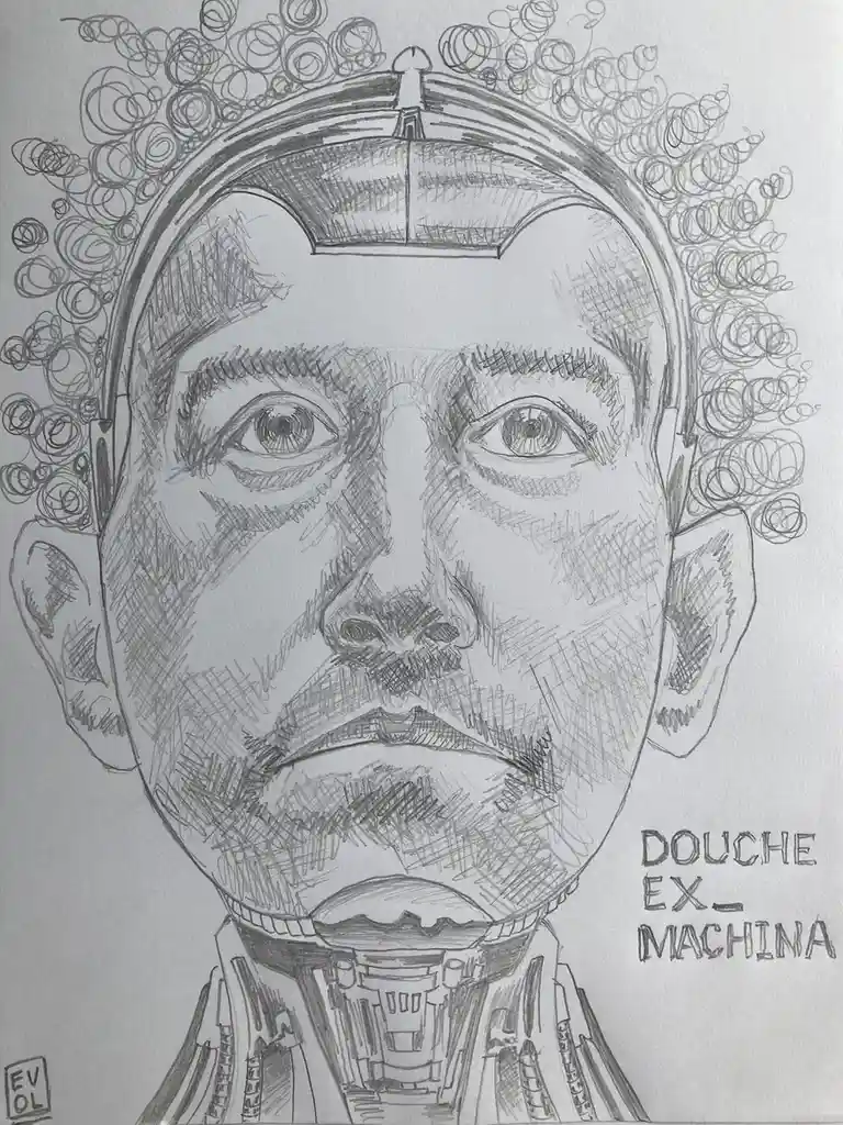 A pencil sketch of a man's face with a mechanical headpiece and exposed neck machinery, surrounded by scribbled circles. The…