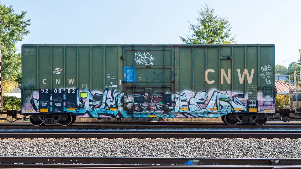 A green CNW freight train car covered in graffiti, including large blue and white lettering across the center and smaller…