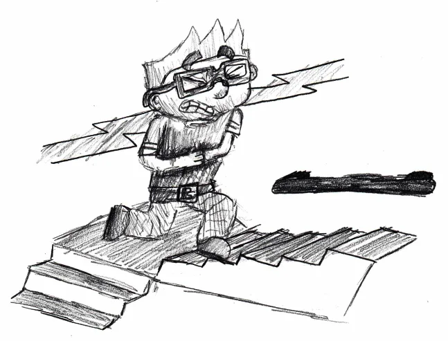 A black-and-white sketch shows a cartoon character with spiky hair and glasses, kneeling on a set of stairs with an angry or…