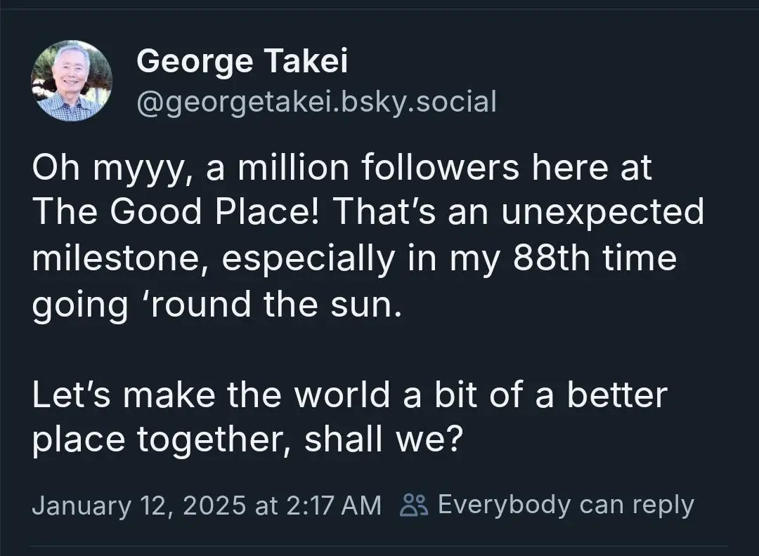 A screenshot of a social media post by George Takei, who is smiling in his profile picture. The post reads: 'Oh myyy, a…