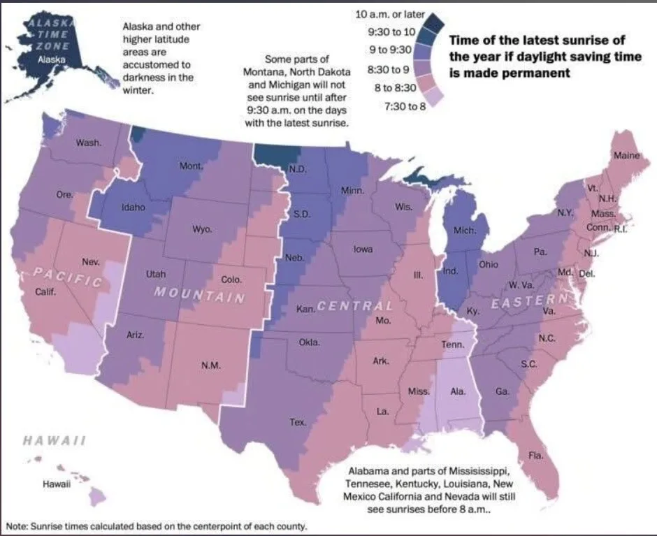 A color-coded map of the United States showing the latest sunrise time of the year if daylight saving time were made…