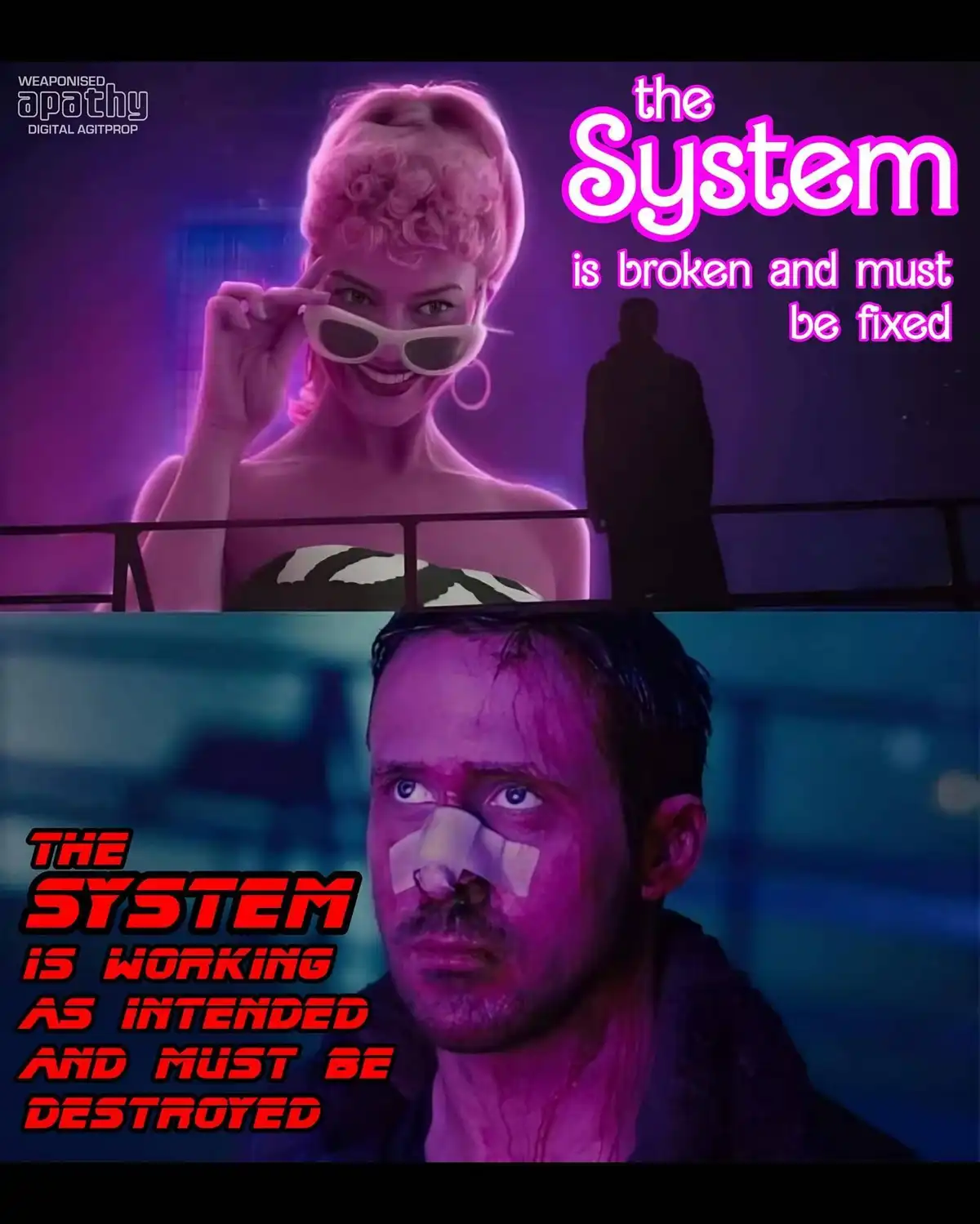 The image is split into two panels. The top panel shows a smiling woman with pink hair and sunglasses, with text saying 'the…