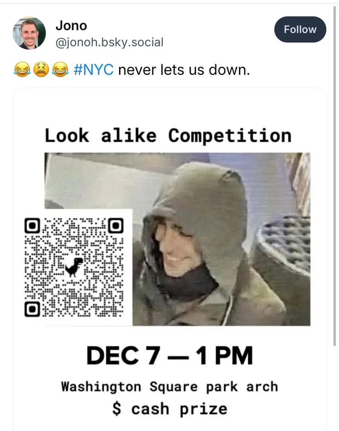 A screenshot of a social media post by 'Jono' showing a blurry photo of a person in a hooded jacket smiling. The image is…