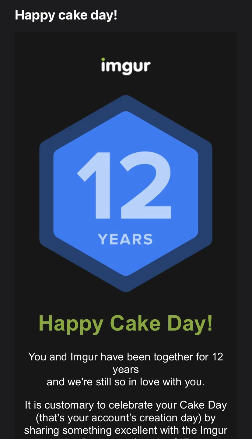 A dark-themed Imgur notification celebrating a user's 12-year anniversary with the platform, featuring a blue hexagonal…