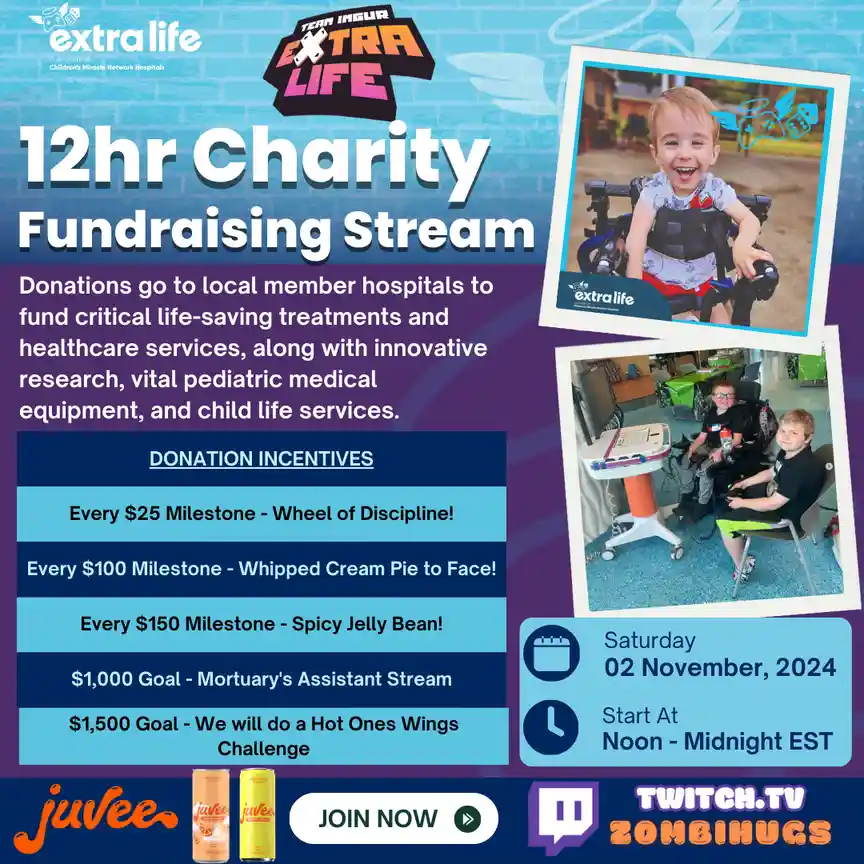 A charity fundraising stream poster for 'Team Imgr' on Twitch, promoting a 12-hour event for Extra Life. The poster features…