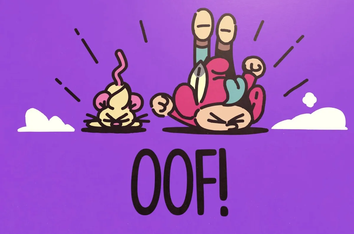 A cartoon mouse and a cartoon cat are both lying on their backs on a purple background with white clouds, looking annoyed…