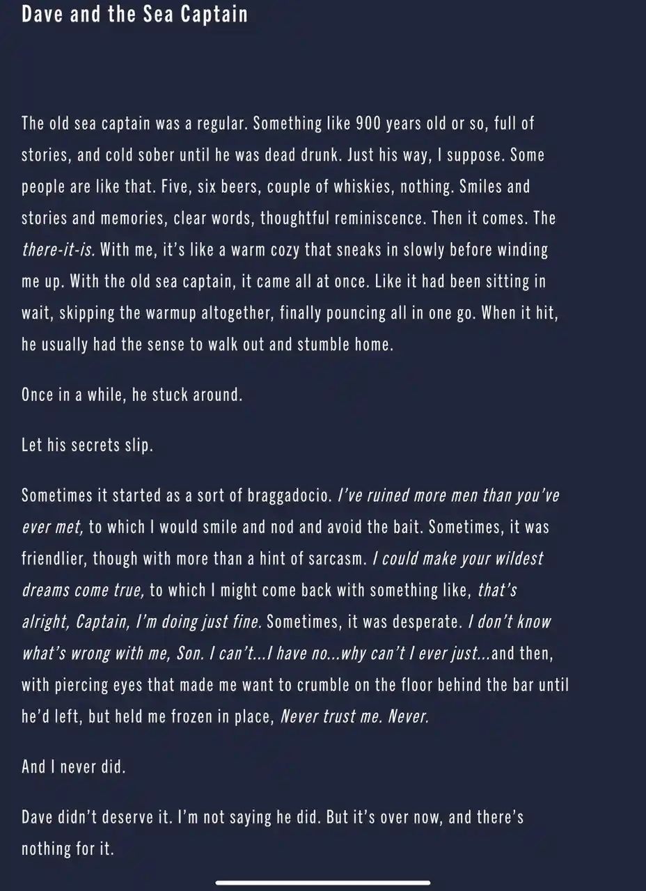 The image displays a dark blue background with white text that reads 'Dave and the Sea Captain' followed by a narrative…