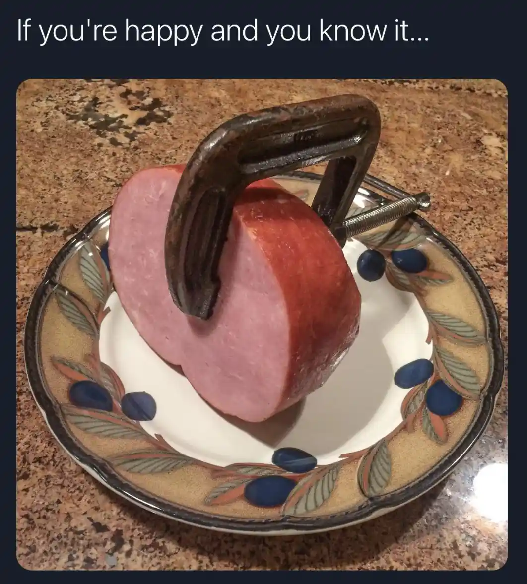 A slice of pink deli meat, likely ham, sits on a decorative ceramic plate with a leaf and blueberry pattern. A rusty metal…