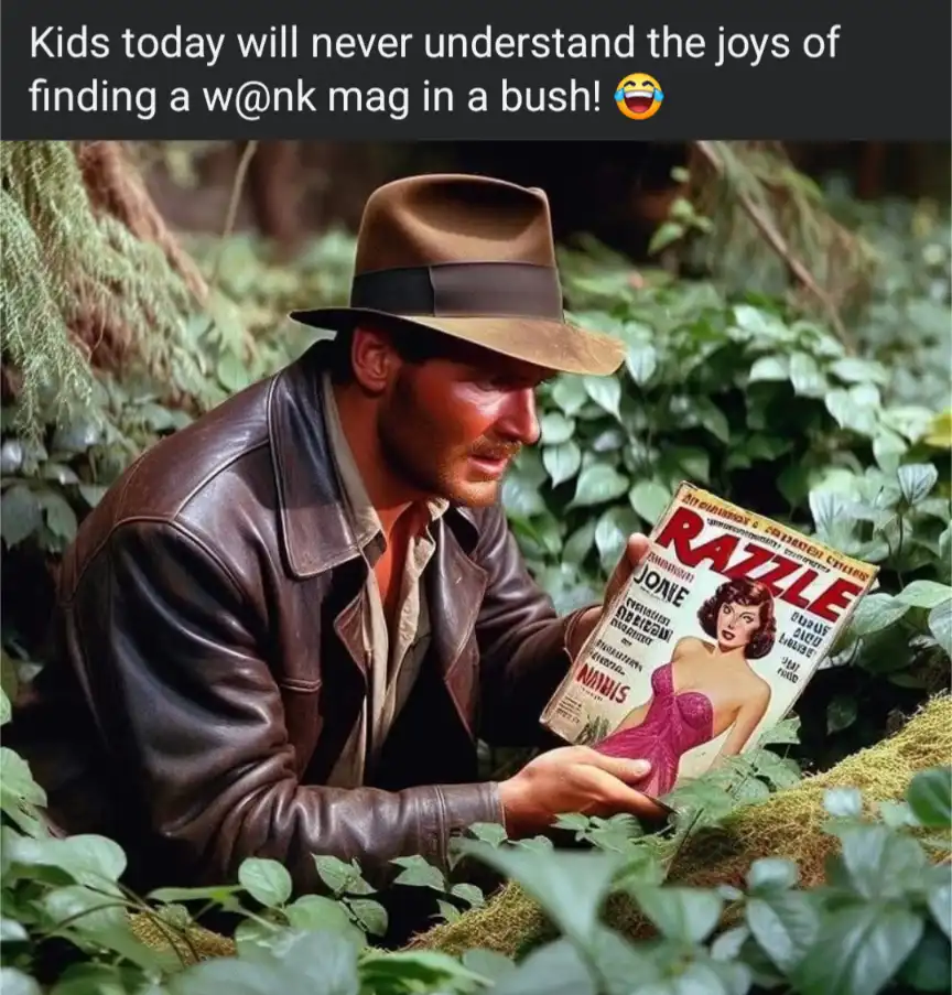 A man in a brown fedora and leather jacket, resembling Indiana Jones, is crouched in a lush green forest holding a vintage…