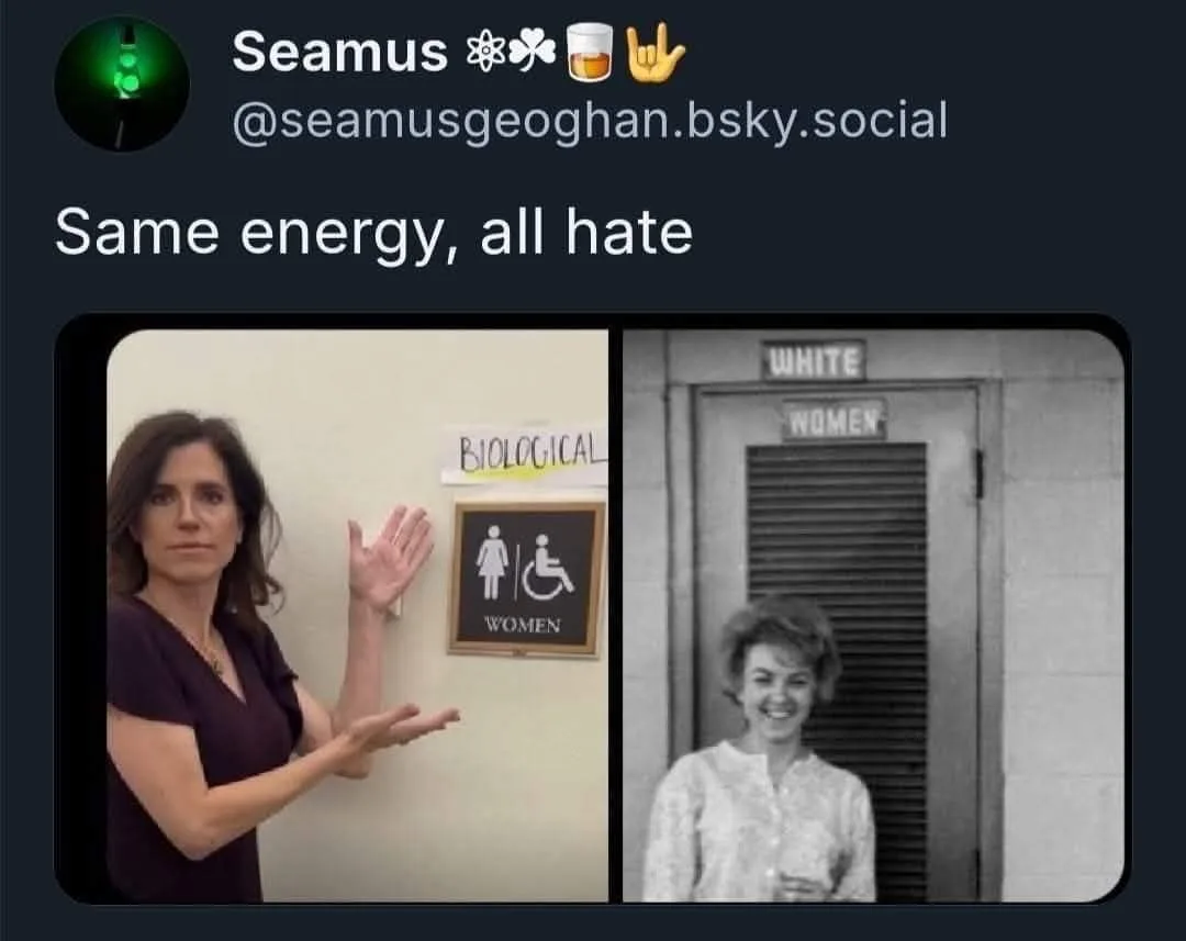 A split image shows a woman gesturing at a bathroom sign that reads 'BIOLOGICAL WOMEN' with a wheelchair symbol, juxtaposed…