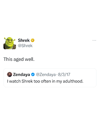 A screenshot of a tweet from Shrek's official Twitter account, which reads 'This aged well.' Below it is a reply from…