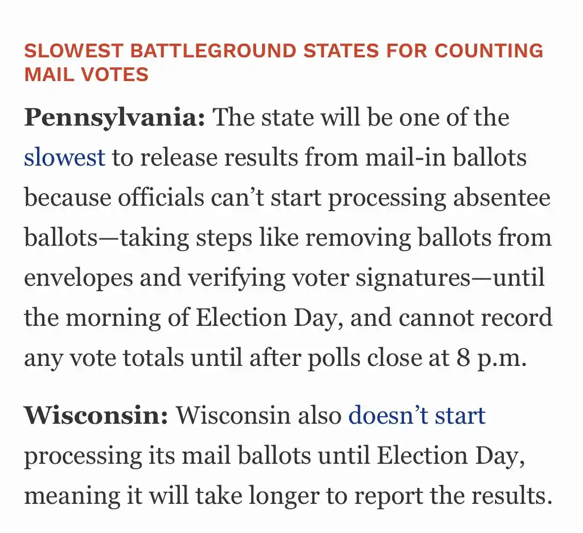A text-based image with a white background and black text, titled 'SLOWEST BATTLEGROUND STATES FOR COUNTING MAIL VOTES' in…