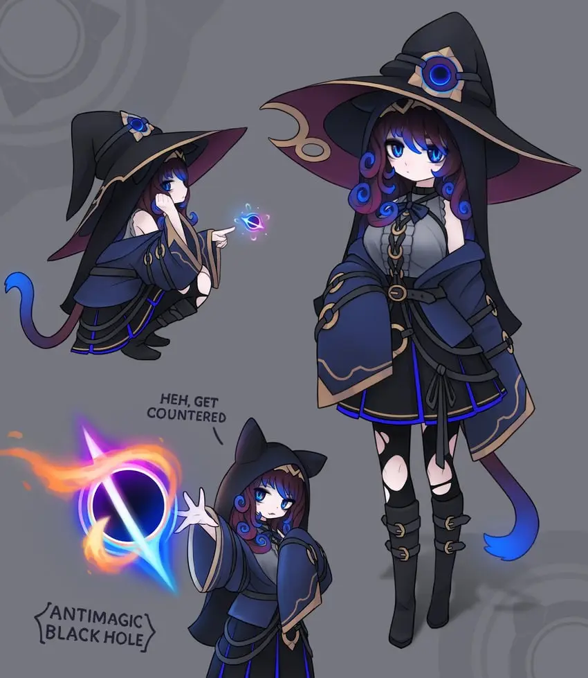 An anime-style witch character is shown in three poses: one pointing at a small magical orb, one standing tall, and one…