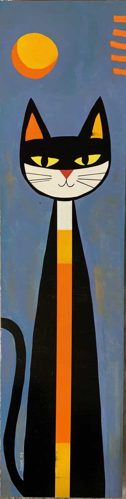 A stylized painting of a black cat with a very long, thin neck against a blue background with a yellow-orange sun and…