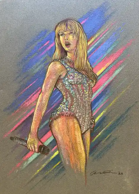 A pastel drawing of a woman with blonde hair and bangs, wearing a sequined bodysuit and holding a microphone, set against a…
