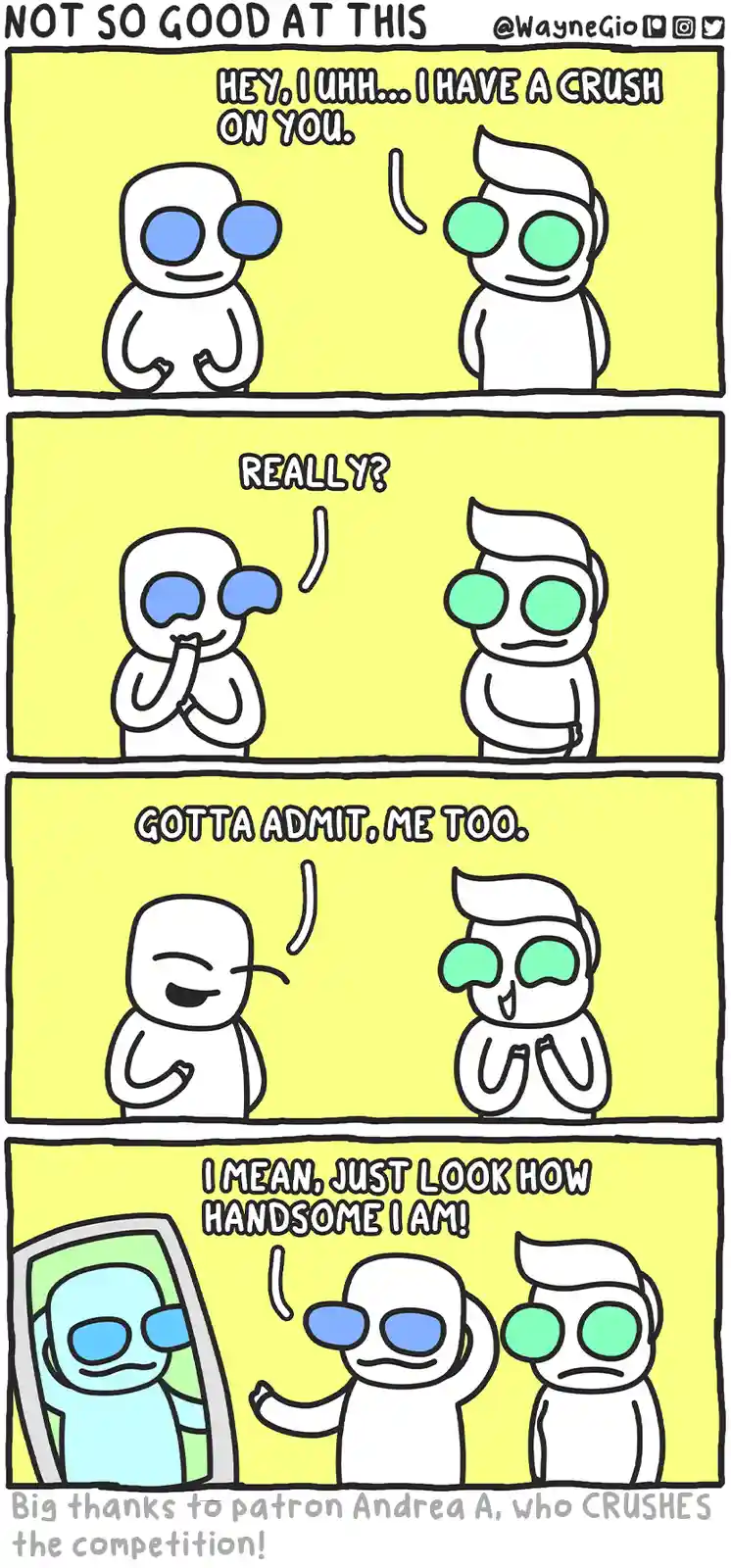 A four-panel comic shows two cartoon characters, one with blue eyes and one with green eyes, having a conversation about a…