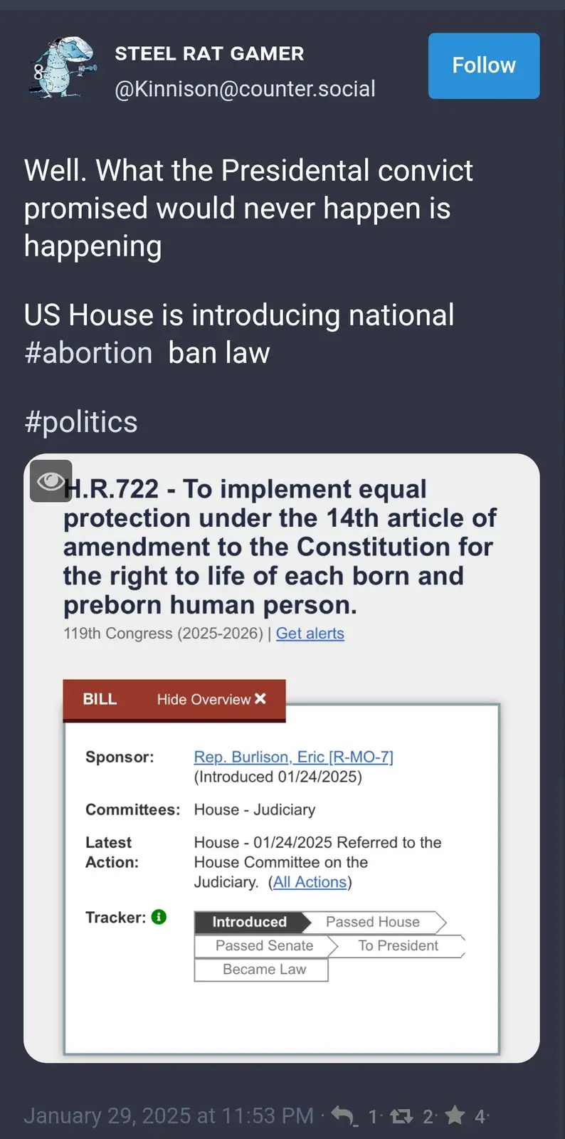 A screenshot of a social media post by 'STEEL RAT GAMER' showing a legislative tracker for H.R.722, a bill to ban abortion…