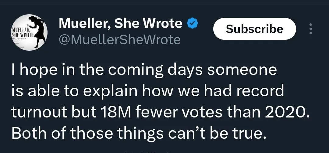 A screenshot of a tweet from the verified Twitter account 'Mueller, She Wrote' (@MuellerSheWrote) with a dark background…