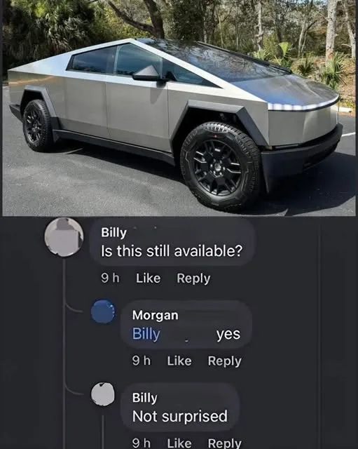 A silver Tesla Cybertruck is parked outdoors with trees in the background. Below it is a screenshot of a social media…