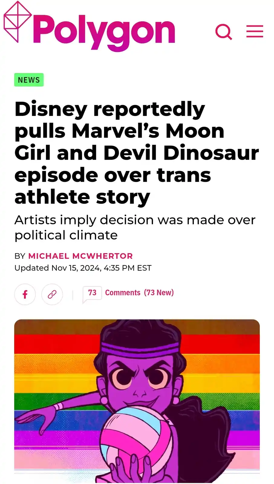 A screenshot of a Polygon news article with a headline about Disney reportedly pulling an episode of 'Moon Girl and Devil…