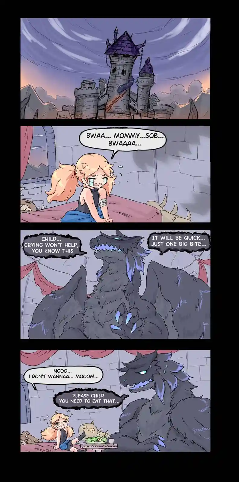 A four-panel comic depicts a young girl crying in a castle bedroom while her dragon mother tries to convince her to eat a…