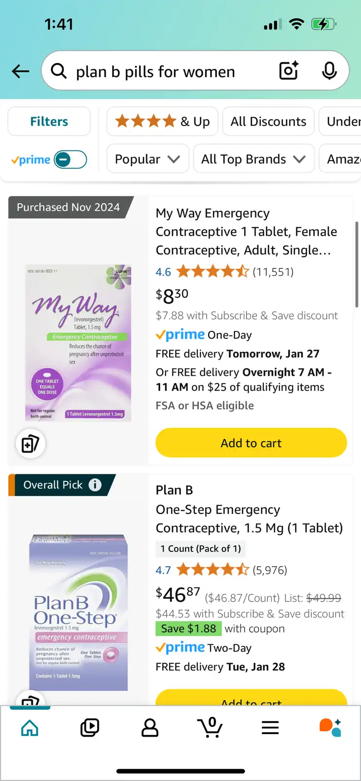 An Amazon search results page for 'plan b pills for women' shows two emergency contraceptive products. The top result, 'My…