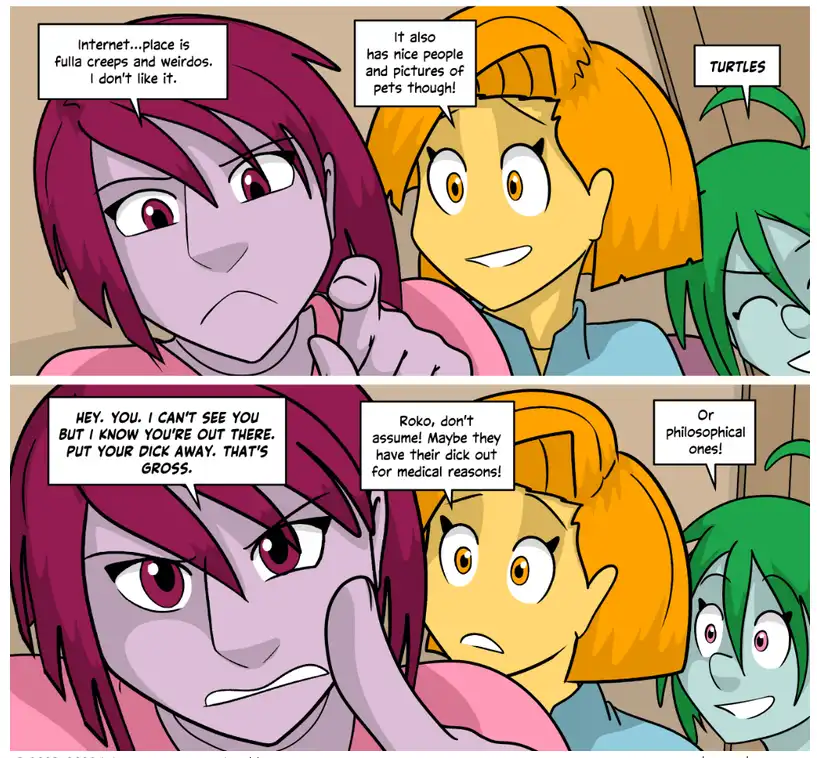 A two-panel comic featuring three animated characters. In the top panel, a purple-skinned character complains about the…