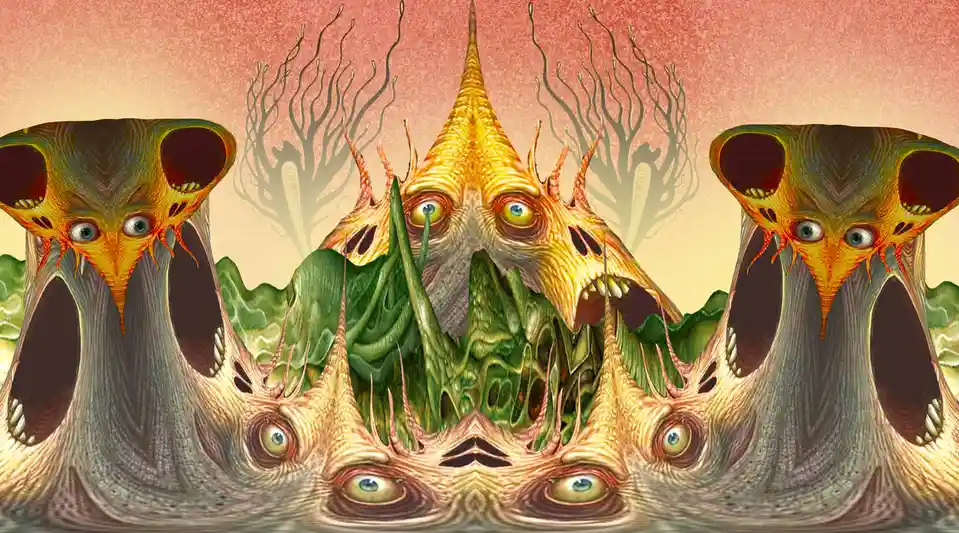 A surreal, symmetrical digital artwork depicts three grotesque, alien-like creatures with multiple eyes, sharp teeth, and…