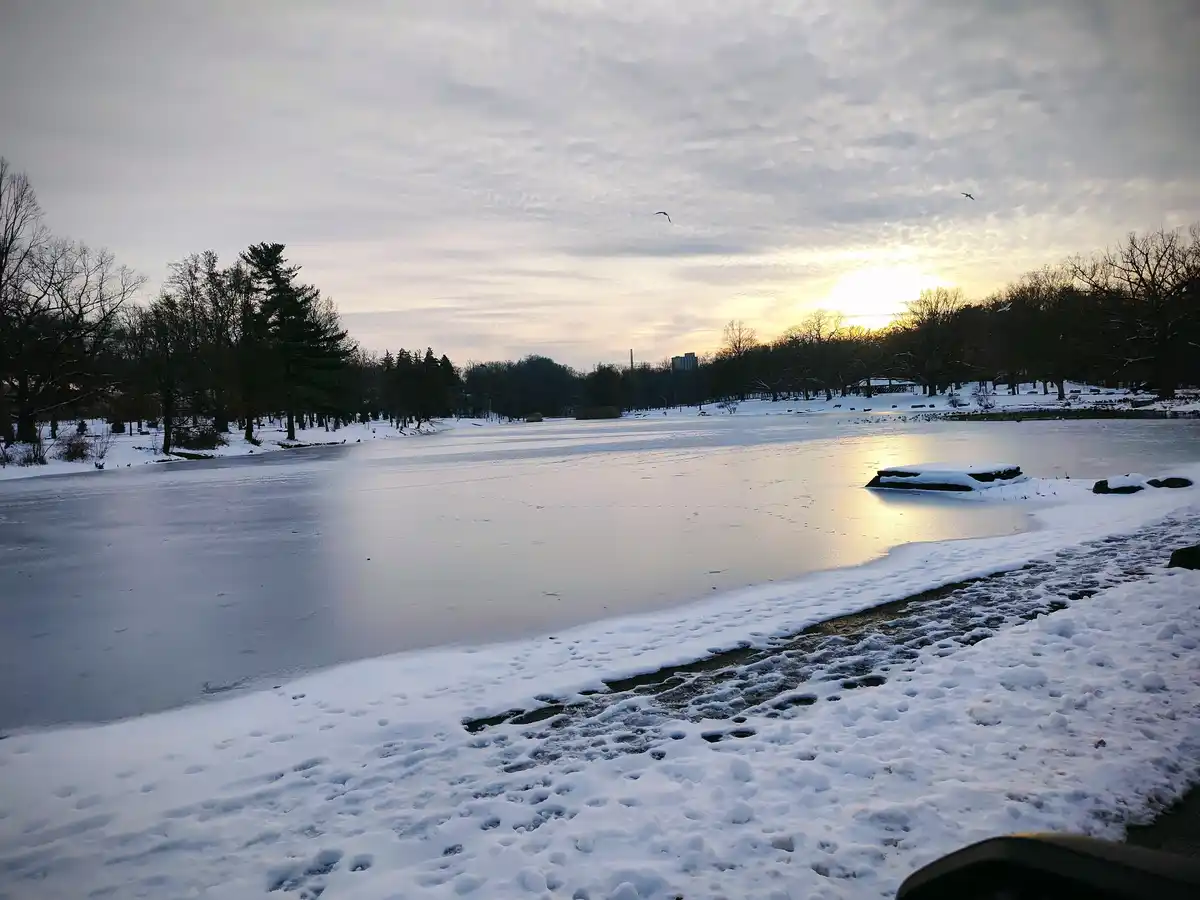 A serene winter scene shows a frozen lake in a snow-covered park at sunrise, with bare trees lining the shore and footprints…