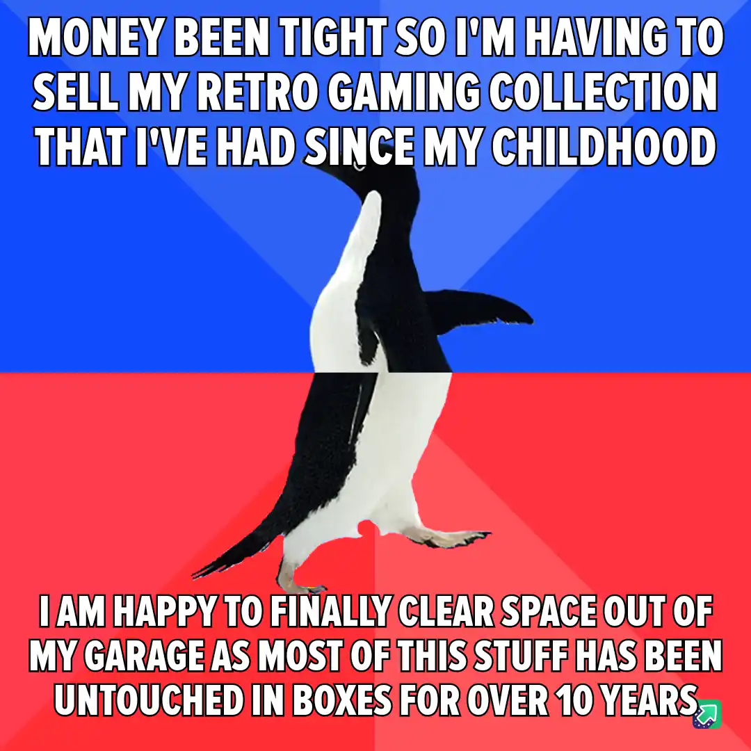 A penguin stands upright against a blue and red background, with white text overlaid in two sections. The top text reads…