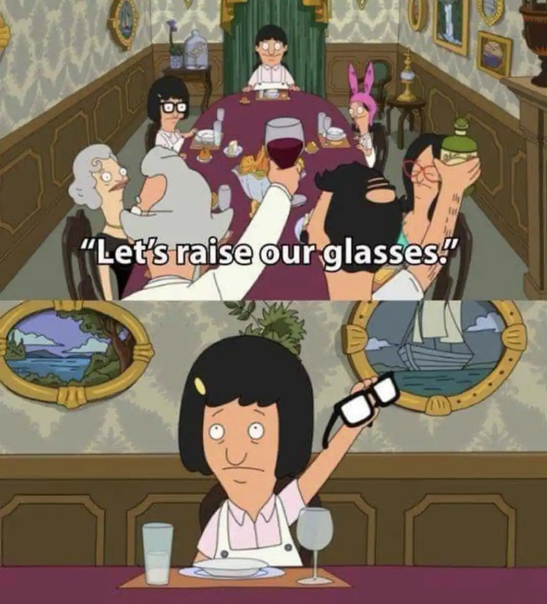 The top panel shows several animated characters at a fancy dinner table, raising glasses of wine and alcohol in a toast. The…