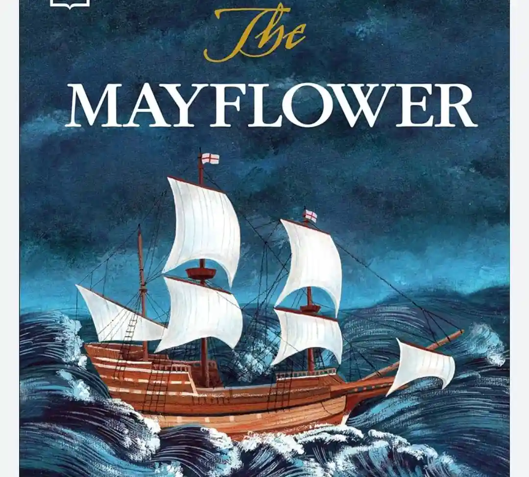 An illustrated book cover depicts a wooden sailing ship, the Mayflower, with white sails and English flags, battling rough…