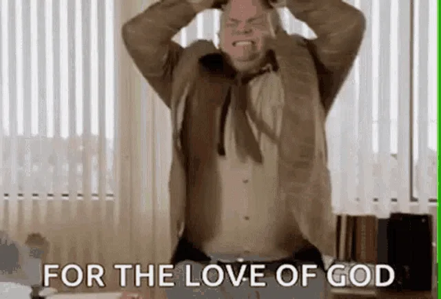 A six-panel image sequence shows a man in a suit and tie progressively escalating from frustration to maniacal laughter…