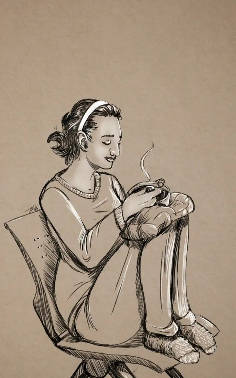 A sepia-toned sketch shows a woman sitting cross-legged in a chair, wearing a headband and cozy clothes, holding a steaming…