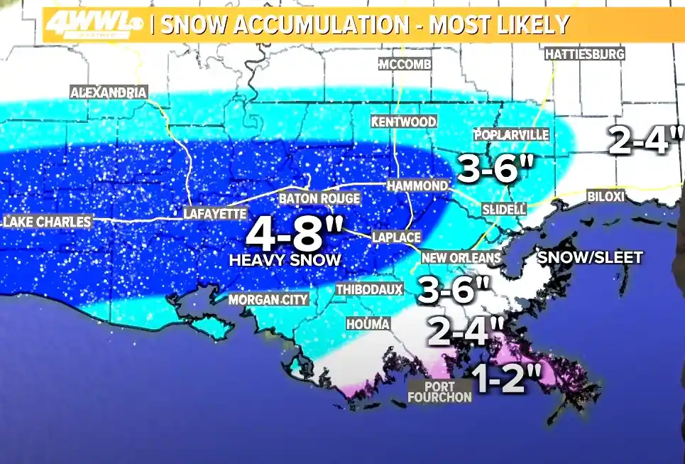 A weather map from 4WWL Weather shows snow accumulation predictions for Louisiana, with areas like Lafayette and Baton Rouge…